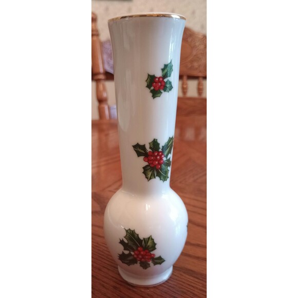 Vintage Lefton Porcelain Christmas Bud Vase: Holly & Berries, Gold Rim - Picture 2 of 3